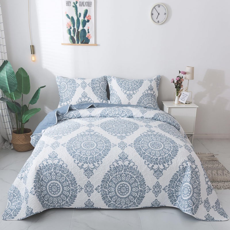 Travan 3-Piece Quilt Set Quilted Bedspread Lightweight Coverlet Set Floral Printed Oversized Quilted Bedding Set with Shams for All Season, Blue Floral, Queen Size - Image 1